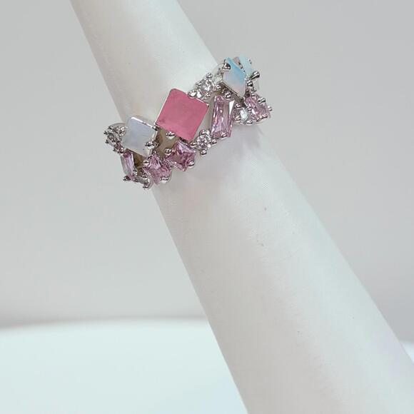 Jewelry - Bomb Party Ring Sz 5 "Eternity Bound" Rose Quartz & Moonstone on Rhodium